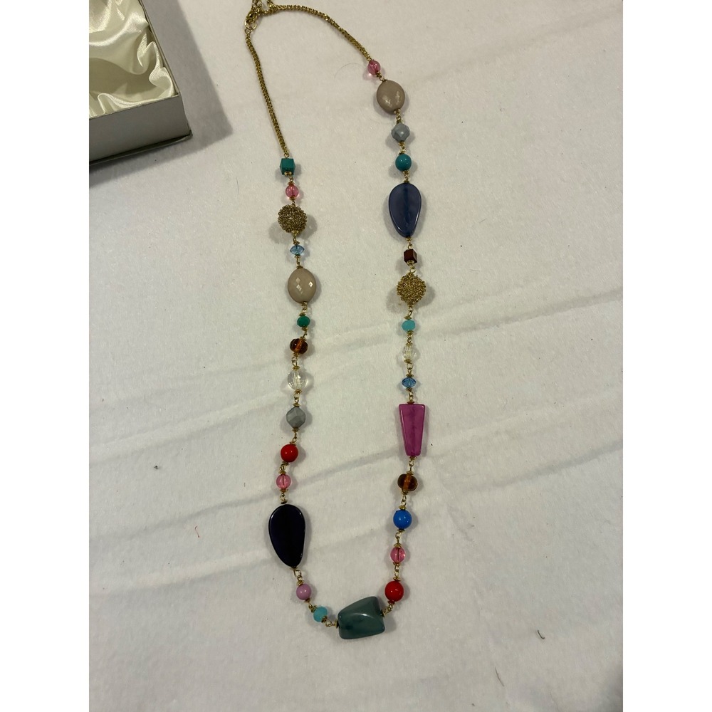 Multi Color Beaded Long Gold Tone Chain Necklace Boho Statement Jewelry